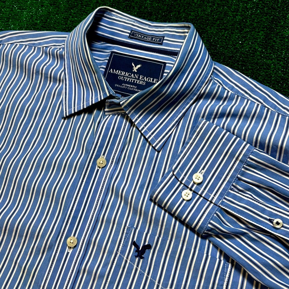 Vintage American Eagle Striped Shirt XXL Y2K Blue White Button Down Long Sleeve